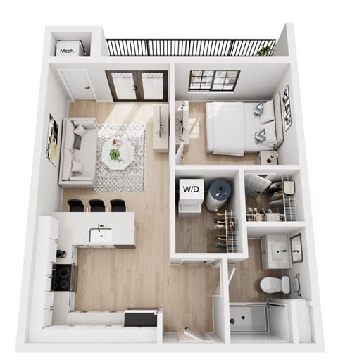Floor plan for 1 bed, 1 bath, 588 sqft